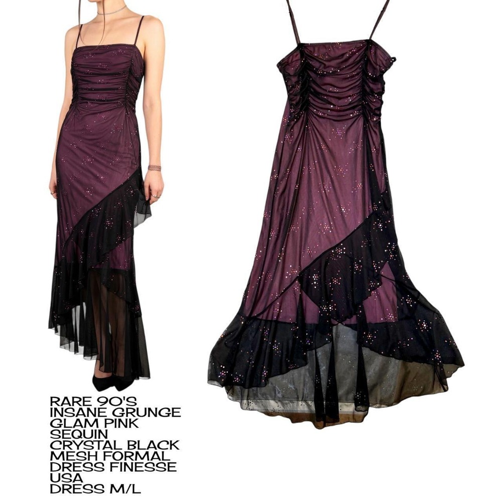 RARE 90'S VTG. BLACK PINK SEQUIN MESH GRUNGE FINESSE USA PROM DRESS M/L